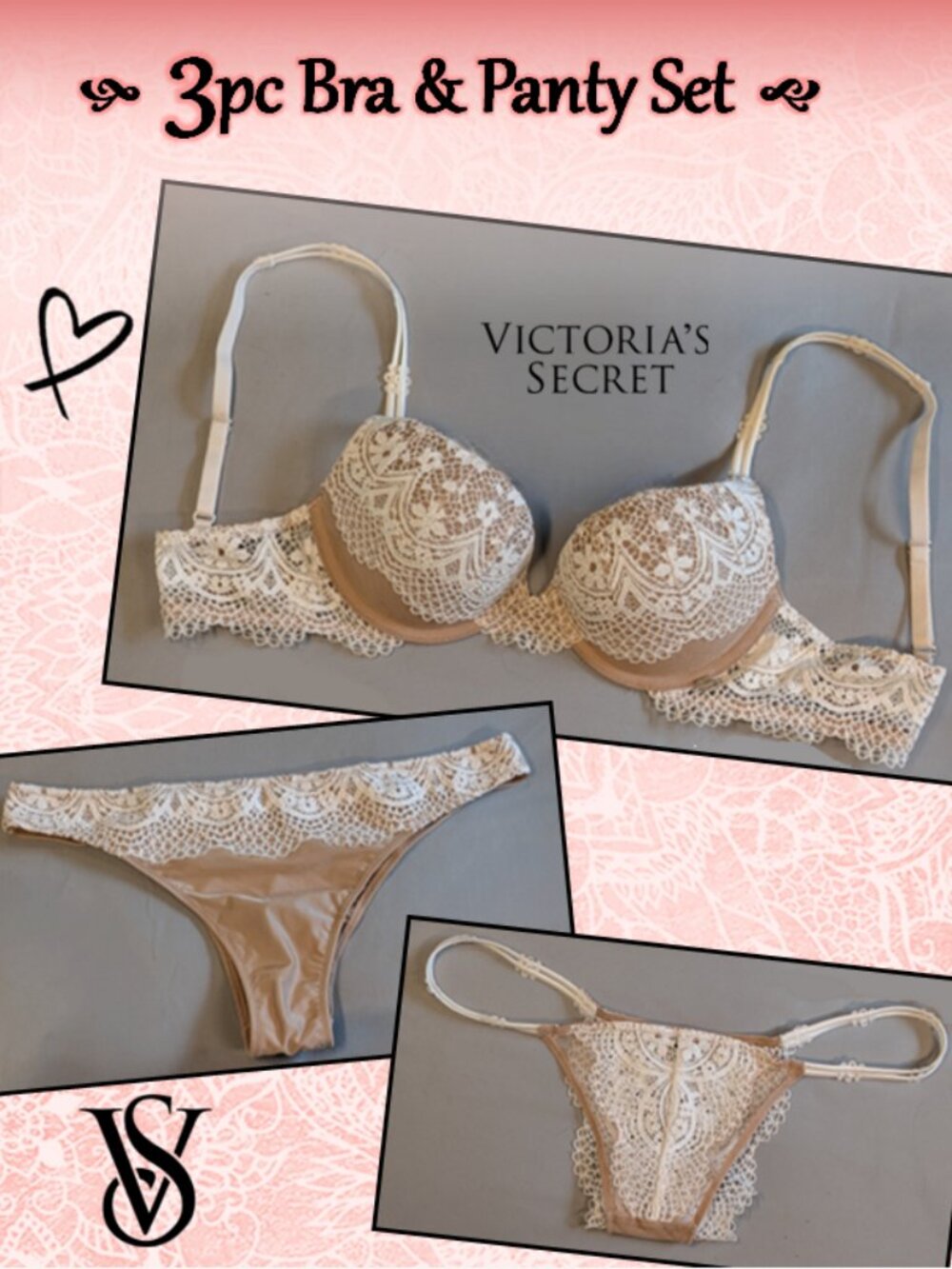 3pc Gorgeous Victoria's Secret Nude & Ivory lace Bra & Panties